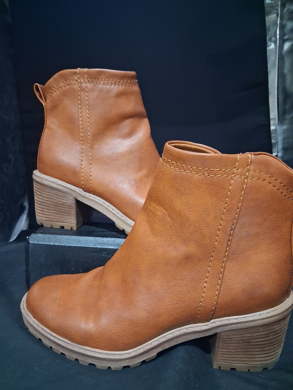 Zodiac Cognac Ankle Booties with Stacked Heel